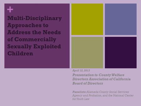 + Multi-Disciplinary Approaches to Address the Needs of Commercially Sexually Exploited Children April 12, 2013 Presentation to County Welfare Directors.