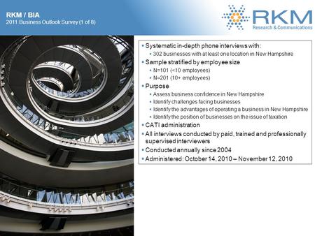 RKM / BIA 2011 Business Outlook Survey (1 of 8) Research Design:  Systematic in-depth phone interviews with:  302 businesses with at least one location.