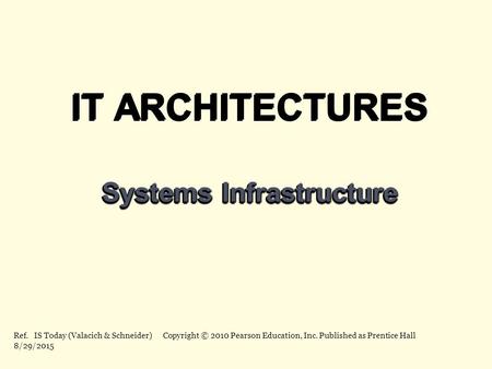 IT ARCHITECTURES Systems Infrastructure IT ARCHITECTURES Systems Infrastructure Ref. IS Today (Valacich & Schneider) Copyright © 2010 Pearson Education,