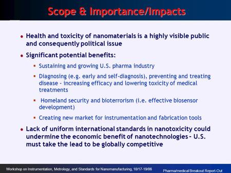 Pharma/medical Breakout Report-Out Workshop on Instrumentation, Metrology, and Standards for Nanomanufacturing, 10/17-19/06 Scope & Importance/Impacts.