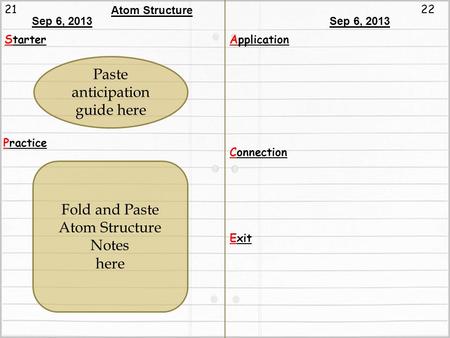 2122 Atom Structure Starter Practice Application Connection Exit Sep 6, 2013 Paste anticipation guide here Fold and Paste Atom Structure Notes here Sep.