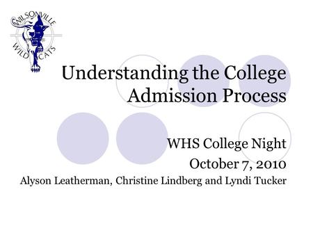 Understanding the College Admission Process WHS College Night October 7, 2010 Alyson Leatherman, Christine Lindberg and Lyndi Tucker.