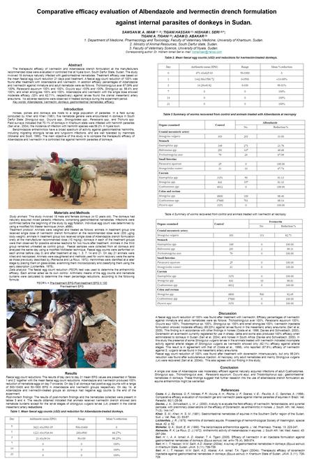 Comparative efficacy evaluation of Albendazole and Ivermectin drench formulation against internal parasites of donkeys in Sudan. SAWSAN M. A. IMAM (1,