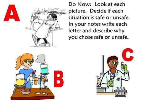 Do Now: Look at each picture. Decide if each situation is safe or unsafe. In your notes write each letter and describe why you chose safe or unsafe.