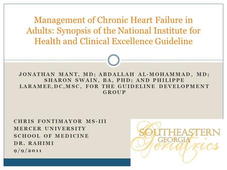 JONATHAN MANT, MD; ABDALLAH AL-MOHAMMAD, MD; SHARON SWAIN, BA, PHD; AND PHILIPPE LARAMEE,DC,MSC, FOR THE GUIDELINE DEVELOPMENT GROUP CHRIS FONTIMAYOR MS-III.