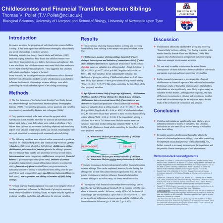 Childlessness and Financial Transfers between Siblings Thomas V. Pollet Biological Sciences, University of Liverpool and School.