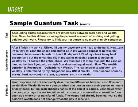 SM 1 Sample Quantum Task (con’t) Accounting exists because there are differences between cash flow and wealth flow. Describe this difference using the.