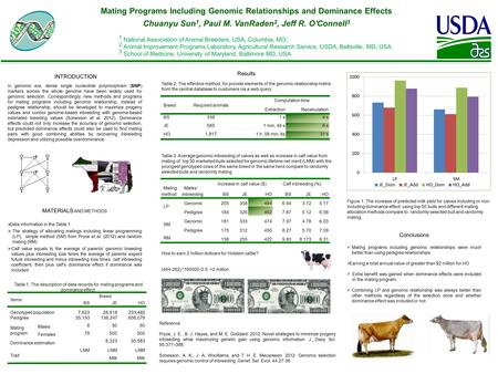 Mating Programs Including Genomic Relationships and Dominance Effects Chuanyu Sun 1, Paul M. VanRaden 2, Jeff R. O'Connell 3 1 National Association of.