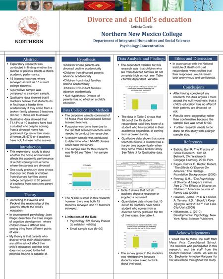 Divorce and a Child’s education Leticia Garcia Northern New Mexico College Department of Integrated Humanities and Social Sciences Psychology Concentration.