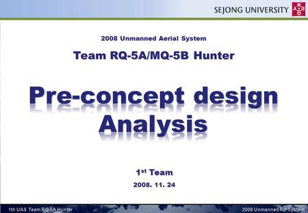 1th UAS Team RQ-5A Hunter2008 Unmanned Air System 2008 Unmanned Aerial System Team RQ-5A/MQ-5B Hunter 1 st Team 2008. 11. 24.