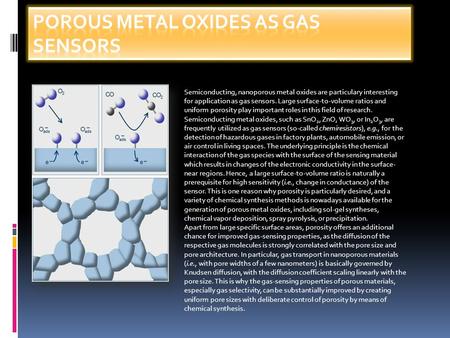 Semiconducting, nanoporous metal oxides are particulary interesting for application as gas sensors. Large surface-to-volume ratios and uniform porosity.