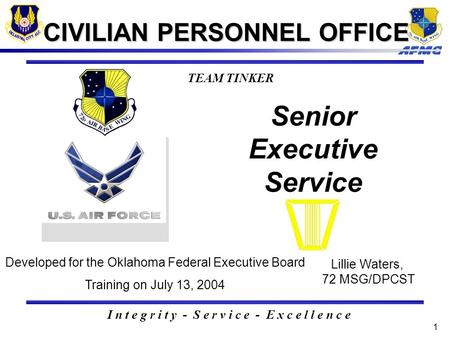 1 Senior Executive Service CIVILIAN PERSONNEL OFFICE I n t e g r i t y - S e r v i c e - E x c e l l e n c e TEAM TINKER Lillie Waters, 72 MSG/DPCST Developed.