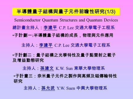 Semiconductor Quantum Structures and Quantum Devices 子計劃一 : 半導體量子結構的成長，物理與元件應用 子計劃二：量子結構之光學特性及量子點雷射之載子 及增益動態研究 子計畫三：奈米量子元件之製作與高頻及磁傳輸特性 研究 半導體量子結構與量子元件前瞻性研究.