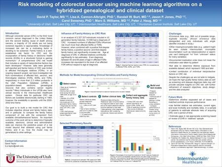 David P. Taylor, MS 1,2, Lisa A. Cannon-Albright, PhD 1, Randall W. Burt, MD 1,3, Jason P. Jones, PhD 1,2, Carol Sweeney, PhD 1, Marc S. Williams, MD 1,2,