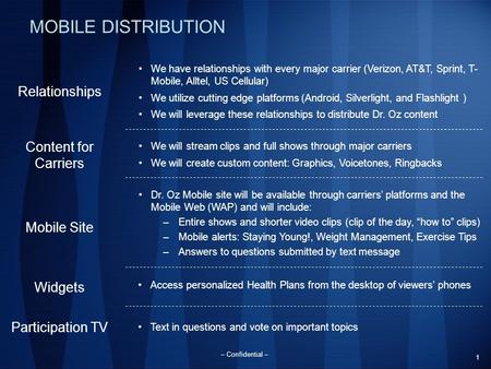 1 – Confidential – Dr. Oz Mobile site will be available through carriers’ platforms and the Mobile Web (WAP) and will include: –Entire shows and shorter.