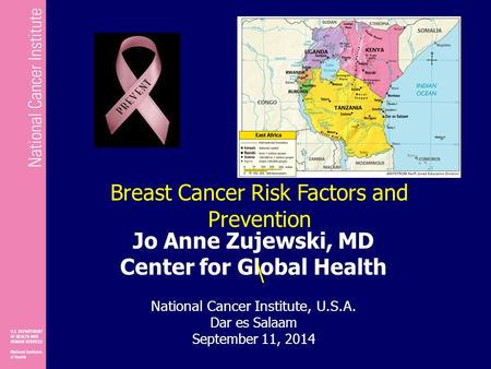 Jo Anne Zujewski, MD Center for Global Health National Cancer Institute, U.S.A. Dar es Salaam September 11, 2014 Breast Cancer Risk Factors and Prevention.