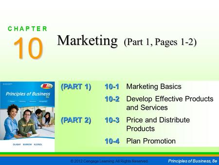 © 2012 Cengage Learning. All Rights Reserved. Principles of Business, 8e C H A P T E R 10 SLIDE 1 (PART 1) 10-1 (PART 1) 10-1Marketing Basics 10-2 10-2Develop.