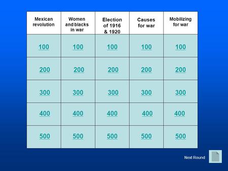 100 200 300 400 500 Mexican revolution Women and blacks in war Election of 1916 & 1920 Causes for war Mobilizing for war Next Round.