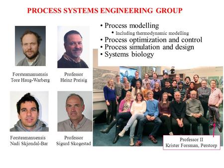 PROCESS SYSTEMS ENGINEERING GROUP Førsteamanuensis Tore Haug-Warberg Professor Heinz Preisig Professor Sigurd Skogestad Førsteamanuensis Nadi Skjøndal-Bar.