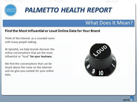 PALMETTO HEALTH REPORT What Does It Mean? Think of the Internet as a crowded room with many people talking. At Spiral16, we help brands discover the online.