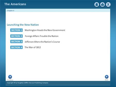 Copyright © by Houghton Mifflin Harcourt Publishing Company Next Previous The Americans Chapter 6 Launching the New Nation SECTION 1 Washington Heads the.