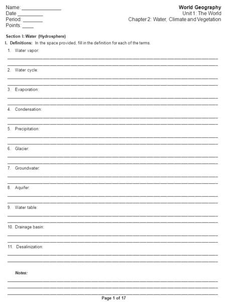 Section I: Water (Hydrosphere) Page 1 of 17 Name: ______________ Date _________ Period: _______ Points: ____ I. Definitions: In the space provided, fill.