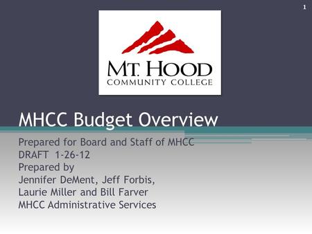 1 MHCC Budget Overview Prepared for Board and Staff of MHCC DRAFT 1-26-12 Prepared by Jennifer DeMent, Jeff Forbis, Laurie Miller and Bill Farver MHCC.