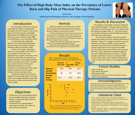 The Effect of High Body Mass Index on the Prevalence of Lower Back and Hip Pain of Physical Therapy Patients Introduction The percentage of Americans who.