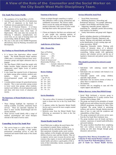 A View of the Role of the Counsellor and the Social Worker on the City South West Multi-Disciplinary Team. City South West Sector Profile The population.