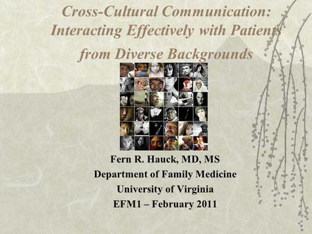 Cross-Cultural Communication: Interacting Effectively with Patients from Diverse Backgrounds Fern R. Hauck, MD, MS Department of Family Medicine University.