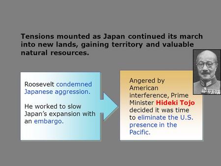 Tensions mounted as Japan continued its march into new lands, gaining territory and valuable natural resources. Angered by American interference, Prime.