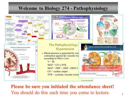 1 Welcome to Biology 274 - Pathophysiology Please be sure you initialed the attendance sheet! You should do this each time you come to lecture.