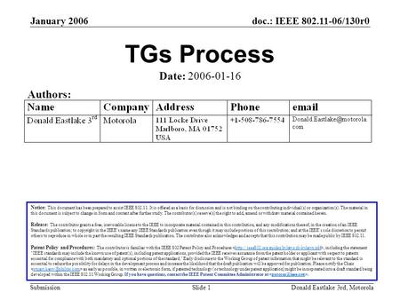 Doc.: IEEE 802.11-06/130r0 Submission January 2006 Donald Eastlake 3rd, MotorolaSlide 1 TGs Process Notice: This document has been prepared to assist IEEE.