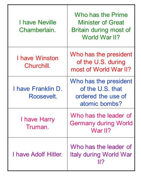 I have Neville Chamberlain. Who has the Prime Minister of Great Britain during most of World War II? I have Winston Churchill. Who has the president of.