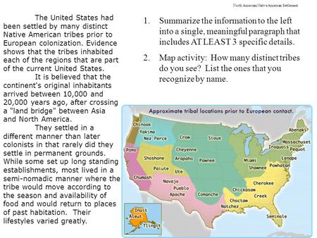 The United States had been settled by many distinct Native American tribes prior to European colonization. Evidence shows that the tribes inhabited each.