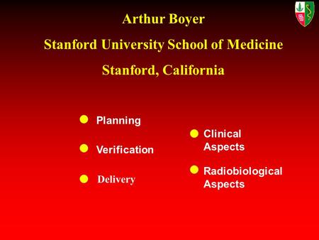 Verification Arthur Boyer Stanford University School of Medicine Stanford, California Clinical Aspects Radiobiological Aspects Planning Delivery.