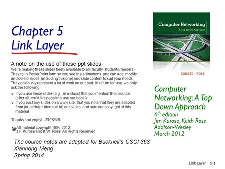 Chapter 5 Link Layer Computer Networking: A Top Down Approach 6 th edition Jim Kurose, Keith Ross Addison-Wesley March 2012 A note on the use of these.