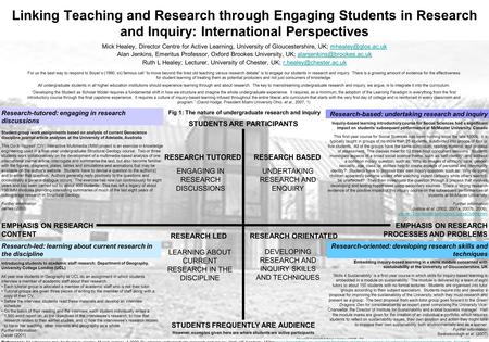 Linking Teaching and Research through Engaging Students in Research and Inquiry: International Perspectives Mick Healey, Director Centre for Active Learning,