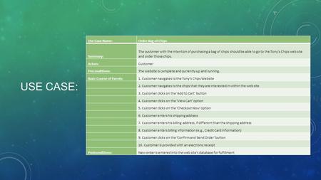 Use case: Use Case Name: Order Bag of Chips Summary: