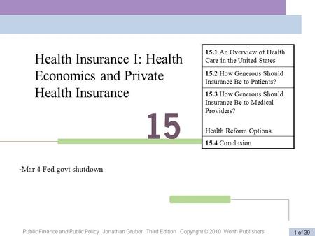 Public Finance and Public Policy Jonathan Gruber Third Edition Copyright © 2010 Worth Publishers 1 of 39 Health Insurance I: Health Economics and Private.