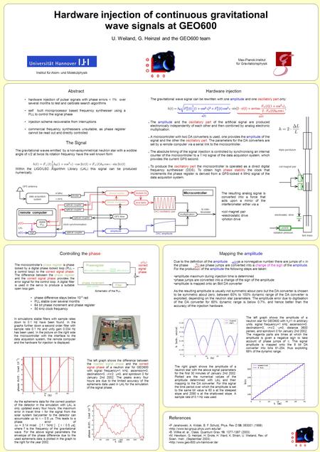 Hardware injection of continuous gravitational wave signals at GEO600 U. Weiland, G. Heinzel and the GEO600 team References P. Jaranowski, A. Królak, B.