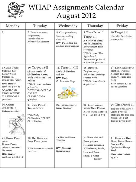 WHAP Assignments Calendar August 2012