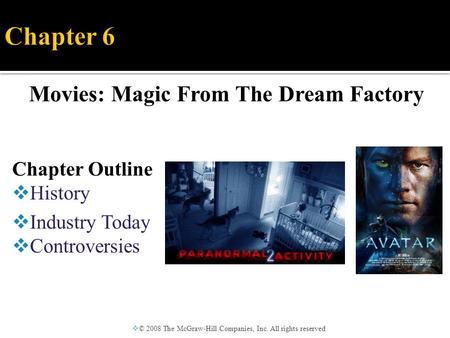 Movies: Magic From The Dream Factory  © 2008 The McGraw-Hill Companies, Inc. All rights reserved Chapter Outline  History  Industry Today  Controversies.