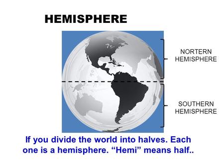 HEMISPHERE If you divide the world into halves. Each one is a hemisphere. “Hemi” means half.. NORTERN HEMISPHERE SOUTHERN HEMISPHERE.