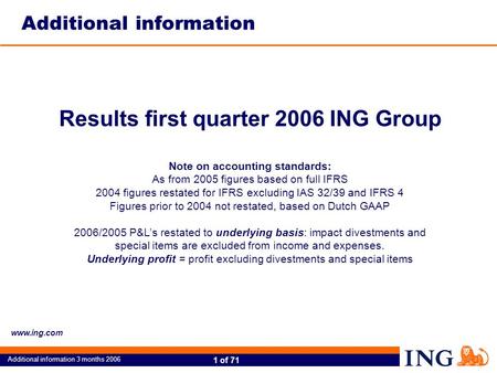 1 of 71 Additional information 3 months 2006 www.ing.com Results first quarter 2006 ING Group Note on accounting standards: As from 2005 figures based.