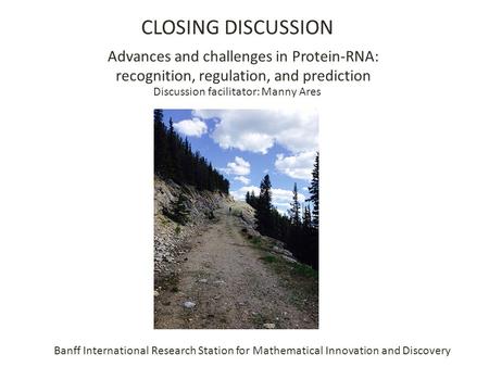 CLOSING DISCUSSION Advances and challenges in Protein-RNA: recognition, regulation, and prediction Discussion facilitator: Manny Ares Banff International.