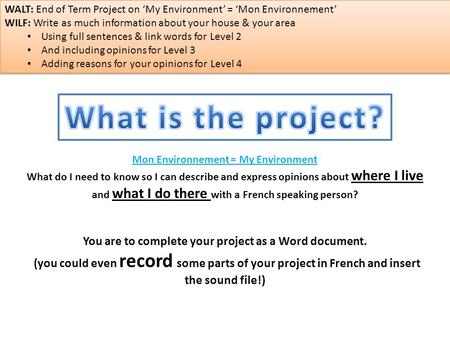 You are to complete your project as a Word document. (you could even record some parts of your project in French and insert the sound file!) Mon Environnement.