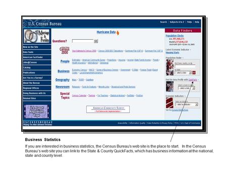 Business Statistics If you are interested in business statistics, the Census Bureau’s web site is the place to start. In the Census Bureau’s web site you.