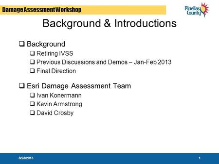 Damage Assessment Workshop Background & Introductions  Background  Retiring IVSS  Previous Discussions and Demos – Jan-Feb 2013  Final Direction 