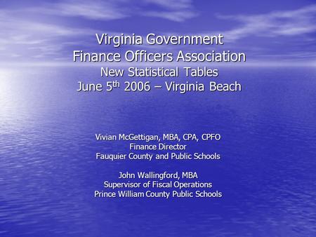 Virginia Government Finance Officers Association New Statistical Tables June 5 th 2006 – Virginia Beach Vivian McGettigan, MBA, CPA, CPFO Finance Director.